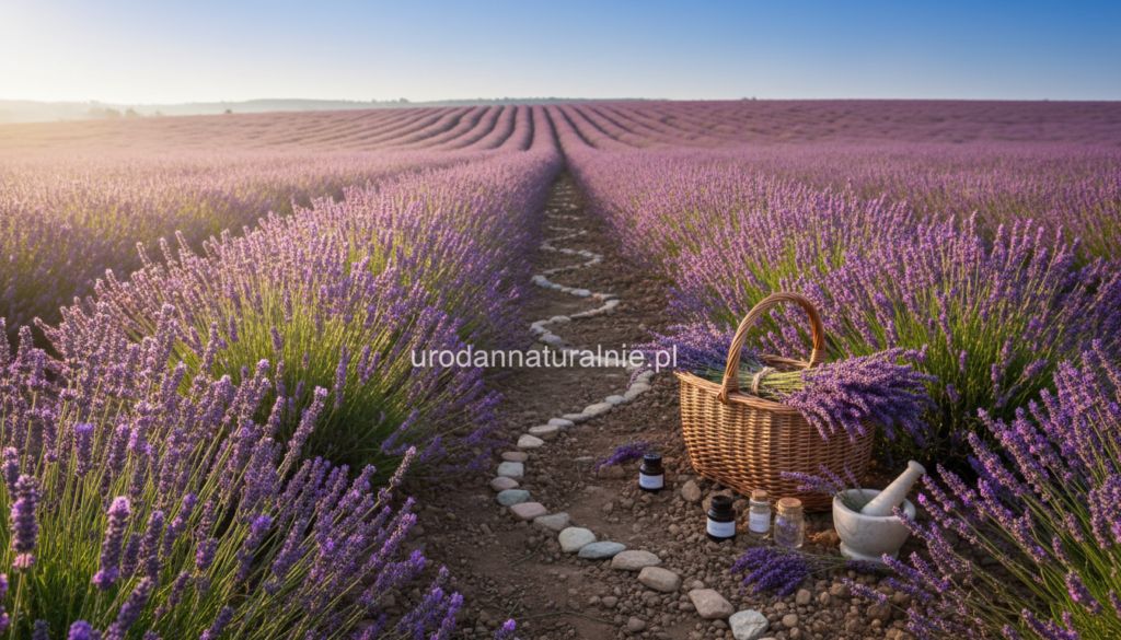 A serene composition featuring a lush field of blooming lavender in various shades of purple and violet, symbolizing its calming presence in skincare and aromatherapy. In the foreground, delicate lavender stems sway gently, glistening with morning dew, while a soft, diffused sunlight bathes the scene in a warm glow. The middle ground showcases a wicker basket filled with fresh lavender sprigs, subtly hinting at their use in organic cosmetics. In the background, rolling hills of lavender stretch towards a clear blue sky, creating an inviting atmosphere. The overall mood is tranquil and soothing, evoking feelings of relaxation and wellness, reflecting the essence of lavender. Include the brand name "urodanaturalnie.pl" artistically integrated within the natural elements, ensuring no text overlays or watermarks are present.