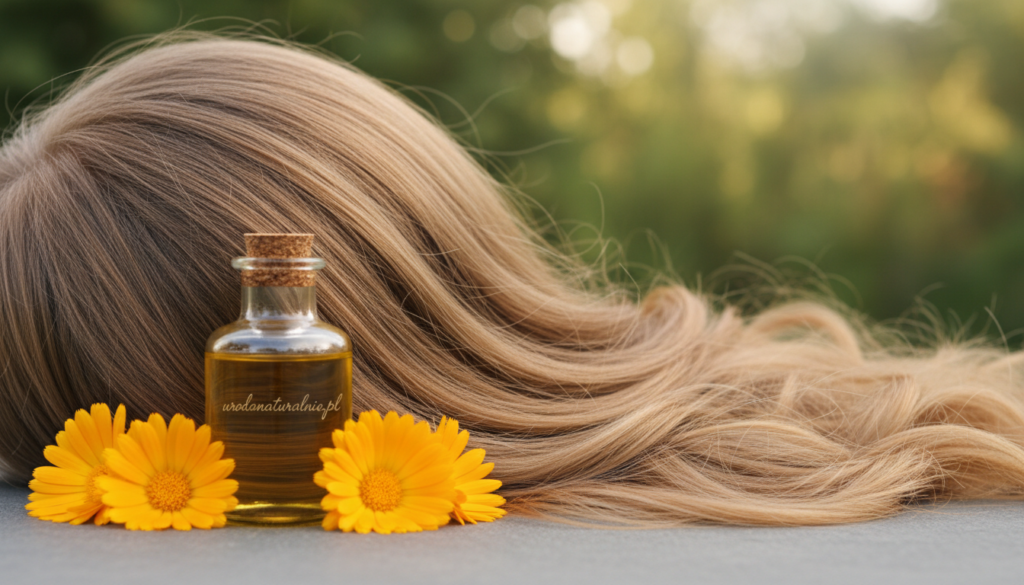 A serene composition focusing on a healthy, glowing scalp and hair, showcasing the soothing effects of marigold (nagietek) for sensitive skin. In the foreground, a half-closed bottle of natural marigold oil sits elegantly beside vibrant marigold flowers, their bright golden hues contrasting with the gentle texture of flowing, shiny hair. The middle ground features soft, blurred strands of hair cascading downward, highlighting a healthy scalp. The background is a subtle, out-of-focus natural setting with soft greens and warm sunlight filtering through leaves, creating a peaceful and nurturing atmosphere. The overall mood is calm and rejuvenating, emphasizing natural beauty and care, suitable for an audience seeking holistic solutions. The brand name "urodanaturalnie.pl" is subtly integrated into the scene, maintaining the image's aesthetic flow.