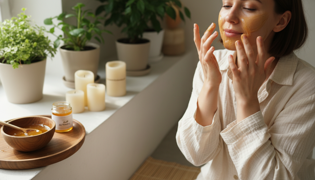 A serene, cozy bathroom setting with soft natural lighting. In the foreground, a woman in a modest casual shirt gently applies honey to her face with her fingers, showcasing the process of using honey as a natural mask. Her expression is calm and focused, illustrating the soothing effect of the treatment. In the middle ground, a wooden bowl of golden, glistening honey and a small spoon add a rustic touch. In the background, plants and candles create a relaxing atmosphere, emphasizing natural wellness. The overall mood is tranquil and inviting, reflecting a self-care routine. Include subtle branding elements from "urodanaturalnie.pl" in the environment, enhancing the theme of natural beauty and skincare.
