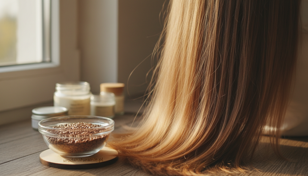 A serene, homely setting featuring a close-up of smooth, shiny hair, highlighted by natural light streaming in from a nearby window. The foreground showcases a small glass bowl filled with golden, glistening flax seeds, emphasizing the natural ingredients used for hair treatments. In the middle, gently flowing hair cascades down, reflecting health and vitality, while a light breeze creates a sense of movement. In the background, soft-focus elements like a wooden table and some organic skincare products create a calming and inviting atmosphere. The overall mood is peaceful and nurturing, capturing the essence of a homemade hair care routine. The brand name "urodanaturalnie.pl" subtly integrated within the scene.