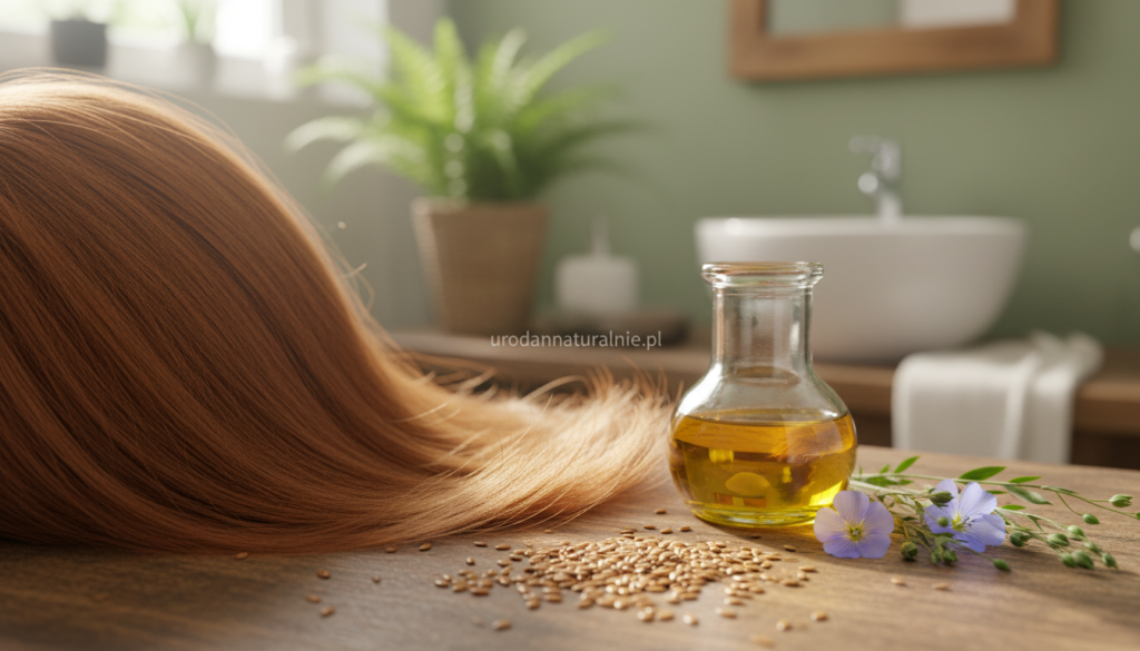A serene, inviting scene showcasing a close-up of a beautiful, healthy head of hair glistening under soft, natural light, with strands reflecting a subtle sheen reminiscent of flaxseed oil. The foreground features delicate flaxseeds scattered elegantly on a wooden vanity, symbolizing their nourishing properties. In the middle, a glass jar filled with golden flaxseed oil sits beside a sprig of fresh flax flowers, adding a touch of vibrancy and life. The background is softly blurred, hinting at a cozy, rustic bathroom adorned with greenery and calming colors to enhance the tranquil atmosphere. The overall mood conveys relaxation and natural beauty. The phrase "urodanaturalnie.pl" subtly integrated into the scene, ensuring a sense of branding without overshadowing the visual focus.