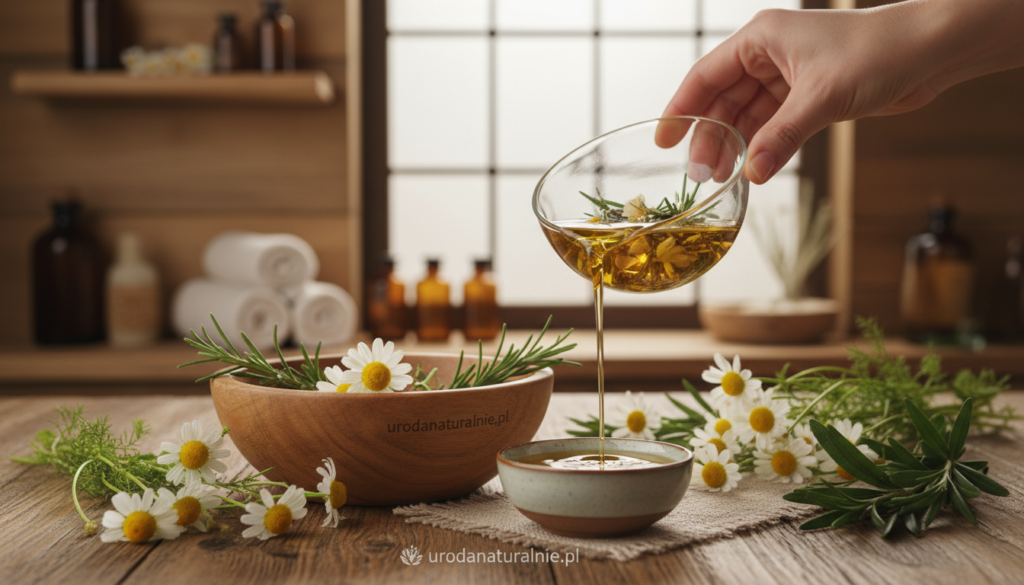A serene, inviting scene showcasing chamomile flowers (rumianek), delicately arranged in a glass bowl filled with colorful herbal oils and a few fresh leaves. In the foreground, capture a skilled hand, gently pouring the golden oil from the bowl, reflecting warmth and nature. In the middle ground, delicate chamomile blossoms stand out amid vibrant green foliage. The background features a soft-focus spa-like environment—natural wooden elements and subtle hints of light filtering through a window, creating a peaceful atmosphere. Use gentle, warm lighting that enhances the richness of the colors while creating a calming mood. Include the brand name "urodanaturalnie.pl" subtly integrated into the visual elements without text overlays, ensuring a harmonious and professional look.