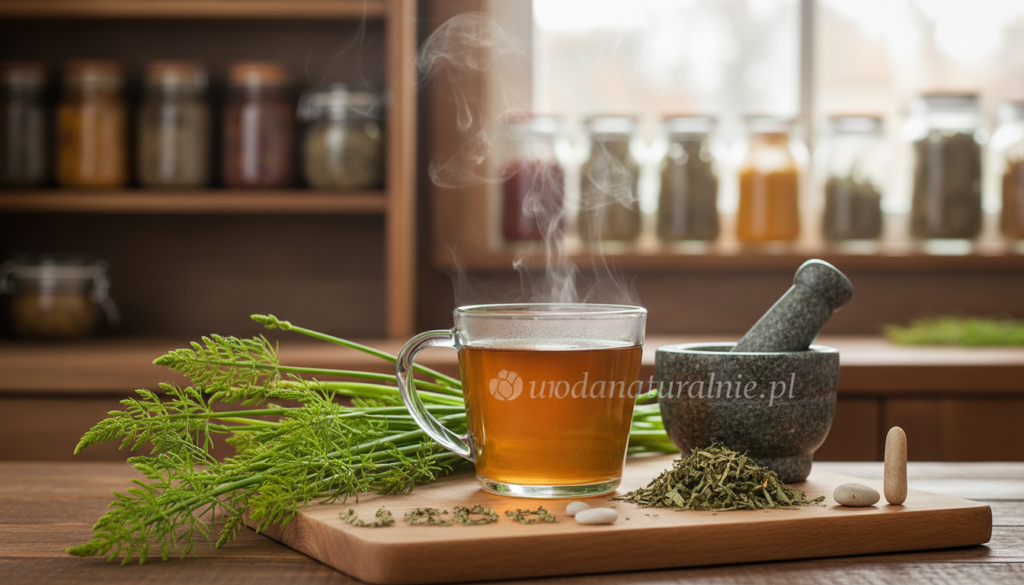 A serene kitchen setting with a focus on natural ingredients for making herbal infusions. In the foreground, a clear glass cup filled with a warm, amber herbal infusion, steam rising gently. Beside it, fresh field horsetail (Skrzyp polny) with vibrant green stems, artistically arranged. In the middle, a wooden cutting board with dried horsetail leaves and a small mortar and pestle, evoking a sense of traditional herbal preparation. The background features softly blurred kitchen shelves filled with jars of herbs and spices, bathed in warm, natural lighting, creating a cozy and inviting atmosphere. Use a shallow depth of field to emphasize the cup and ingredients, highlighting the natural textures. Include the brand name urodanaturalnie.pl subtly in the composition without any text.