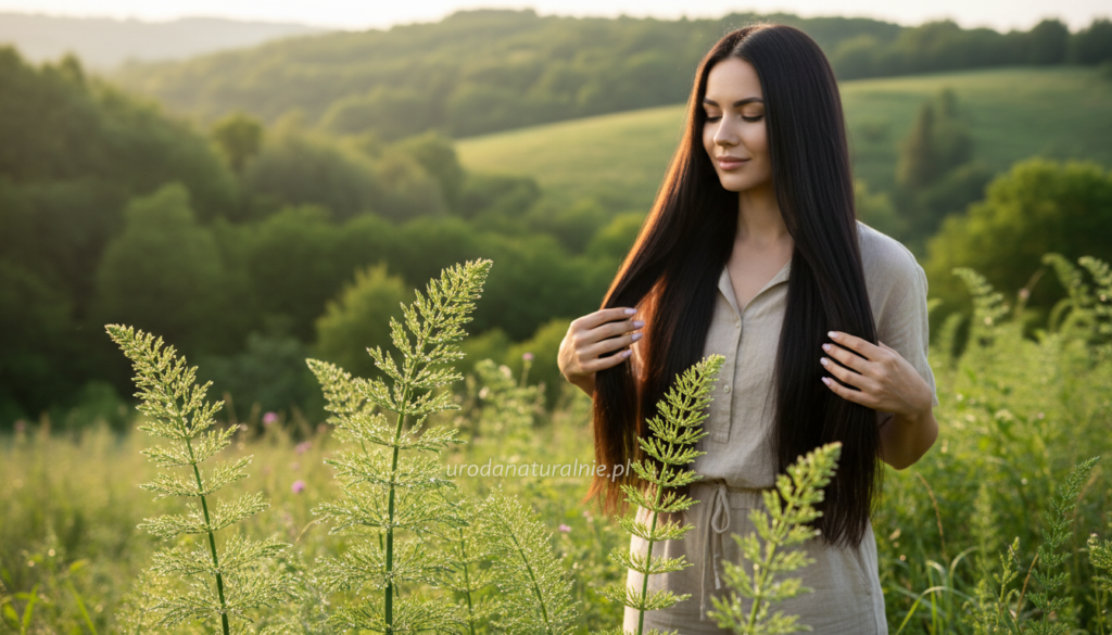 A serene, natural setting showcasing the effects of Horsetail (Skrzyp polny) on hair and nails. In the foreground, a close-up of vibrant green Horsetail plants, their delicate fronds glistening with morning dew. Behind them, a model in modest casual clothing gently touches her long, healthy hair, which shines in the soft sunlight, emphasizing vitality. The middle ground features a subtle display of beautifully manicured nails, reflecting the nourishment provided by the plant. The background is a blurred landscape of lush greenery, suggesting a harmonious connection with nature. The lighting is warm and inviting, casting soft shadows that enhance the tranquil atmosphere. Emphasize the brand "urodanaturalnie.pl" subtly integrated into the natural components of the scene.