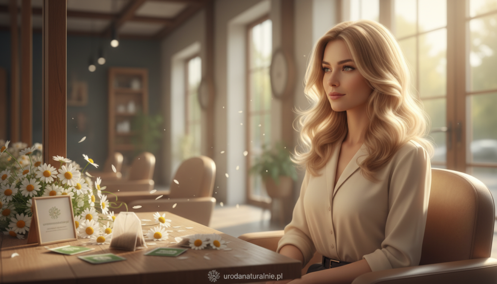 A serene salon setting featuring a beautiful woman with medium-length blonde hair, reflecting the effects of chamomile hair lightening. In the foreground, delicate chamomile flowers are arranged, symbolizing natural beauty. The woman's hair shimmers with golden highlights under soft, warm lighting, accentuating its shine and texture. She sits in a comfortable salon chair, wearing a modest, professional blouse, with her hair elegantly styled. In the middle ground, a gentle breeze moves the petals of chamomile flowers, adding a touch of life. The background shows a softly blurred salon environment with wooden accents and natural light filtering through large windows, creating a calm and inviting atmosphere. Overall, the image conveys an essence of natural beauty and the transformative power of chamomile. urodanaturalnie.pl
