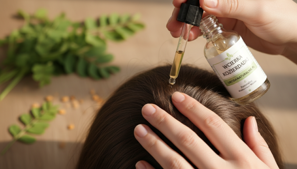 A serene scene depicting a hand applying "wcierka kozieradki" (fenugreek infusion) to a scalp. In the foreground, focus on a close-up of the hand gently massaging the scalp with a dropper bottle of the product labeled "urodanaturalnie.pl". The background features a softly blurred image of fresh fenugreek leaves, enhancing the natural essence of the remedy. Utilize warm, soft lighting to evoke a calming atmosphere, accentuating the organic textures. The composition should be shot from a slight overhead angle, showing the hand's interaction with the scalp, while the colors remain earthy and soothing, inviting a sense of wellness and self-care.