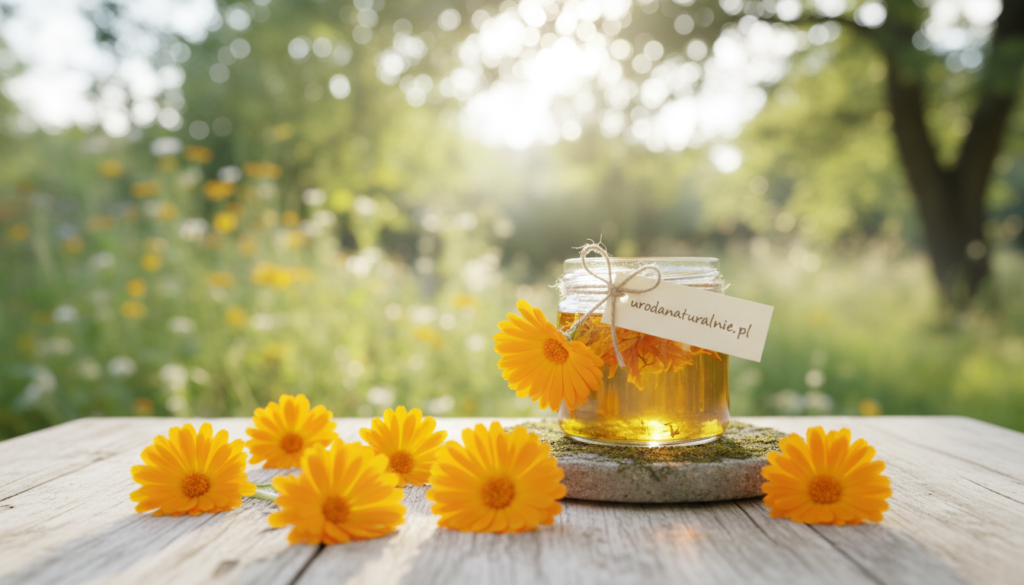 A serene scene depicting vibrant marigold flowers (nagietek) in a natural, soft-lit setting, emphasizing their delicate petals and bright orange hues. In the foreground, a few marigold blossoms are gently scattered on a wooden surface, showcasing their beauty. The middle ground features a small glass jar filled with marigold-infused oil, reflecting sunlight and creating a warm, inviting glow. In the background, a lush garden with soft green foliage and dappled sunlight filters through the leaves, enhancing the tranquil atmosphere. The image evokes a sense of calm and wellness, ideal for illustrating the benefits of marigold for sensitive skin. Capture this botanical beauty in a soft-focus lens, with a light bokeh effect to enhance the peaceful mood. Include the brand name "urodanaturalnie.pl" subtly blended into the scene.