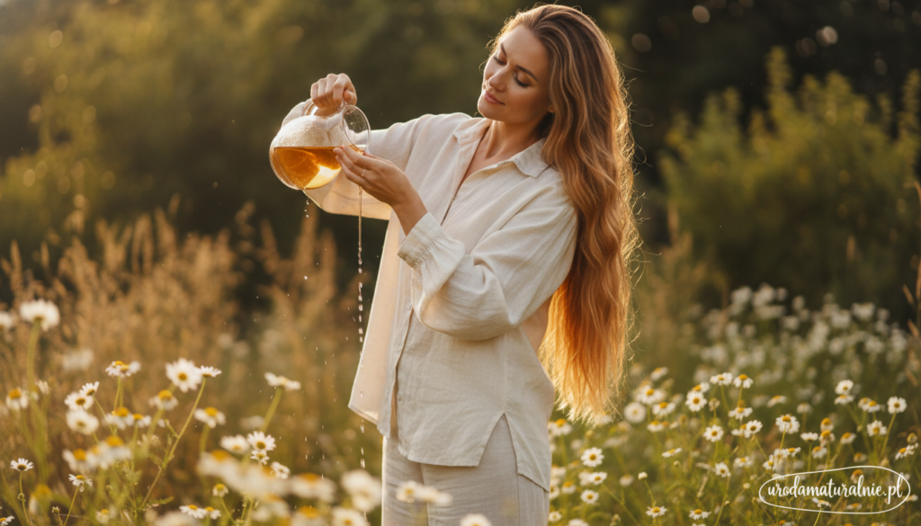 A serene scene showcasing a graceful woman in modest casual attire, surrounded by natural elements that reflect the beauty of chamomile. She gently pours a translucent chamomile rinse over her long, smooth hair, emphasizing its sheen and flexibility. The foreground features delicate chamomile flowers and soft green leaves, while the middle showcases the woman with flowing hair catching the light, highlighting its health and luster. In the background, a softly blurred garden scene captures the essence of tranquility with gentle sunlight filtering through. The mood is peaceful and uplifting, conveying a sense of natural beauty and care, ideal for illustrating the benefits of chamomile hair rinses. The brand logo "urodanaturalnie.pl" is subtly integrated into the composition.