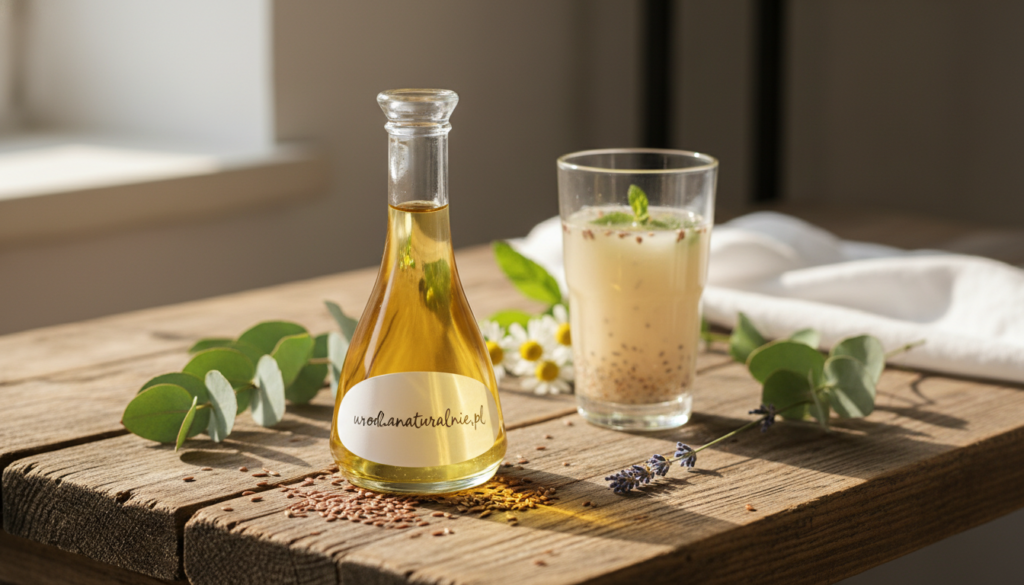 A serene setup focusing on flaxseed oil as a beauty treatment for hair. In the foreground, an elegant bottle of flaxseed oil, glistening softly, sits on a rustic wooden table with scattered flaxseeds around it. In the middle background, a small glass containing a light, refreshing flaxseed drink captures the essence of internal beauty. Soft sunlight filters through a nearby window, creating a warm, inviting atmosphere that highlights the natural textures of the setting. An arrangement of fresh green leaves and delicate flowers surround the elements, emphasizing purity and nourishment. The overall mood is calming and holistic, reflecting self-care and wellness, styled with the brand name "urodanaturalnie.pl" subtly incorporated into the scene.
