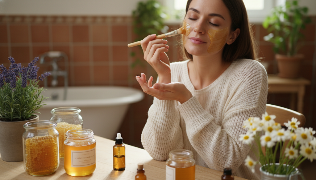 A serene skincare scene showcasing a woman's face gently illuminated by soft, natural light. She is seated at a vanity adorned with honey jars, fresh flowers, and skincare products, focusing on applying a honey mask to her cheeks with a small brush. The foreground captures her hands delicately holding the brush, emphasizing the natural honey's golden texture. In the middle, the woman, dressed in modest casual clothing, exudes a calm and peaceful vibe, her skin glowing with health. The background is softly blurred, hinting at a cozy, inviting bathroom setting with warm tones and subtle greenery. The overall atmosphere is tranquil and rejuvenating, conveying the essence of natural beauty and self-care. Include the brand name "urodanaturalnie.pl" subtly integrated into the scene.