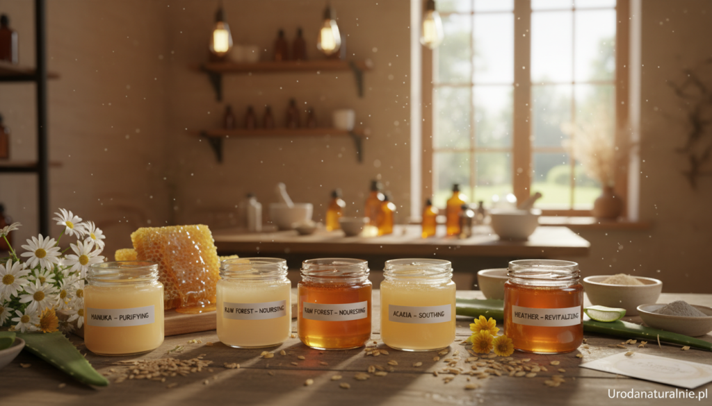 A serene, visually appealing scene showcasing various types of honey suitable for skincare is arranged on a wooden table. In the foreground, jars of golden honey in different shades, alongside small labels indicating their properties, are surrounded by fresh flowers, honeycombs, and natural skincare ingredients like aloe vera and oats. The middle background features a slightly blurred view of a warm, inviting skincare workshop with soft lighting highlighting the natural textures. In the far background, a large window lets in gentle, diffused sunlight, creating a calm and soothing atmosphere. This image evokes a sense of relaxation and natural beauty, emphasizing the selection of honey for skin needs. Capture this with a focus on warm colors and a soft depth of field for a professional touch. Urodanaturalnie.pl
