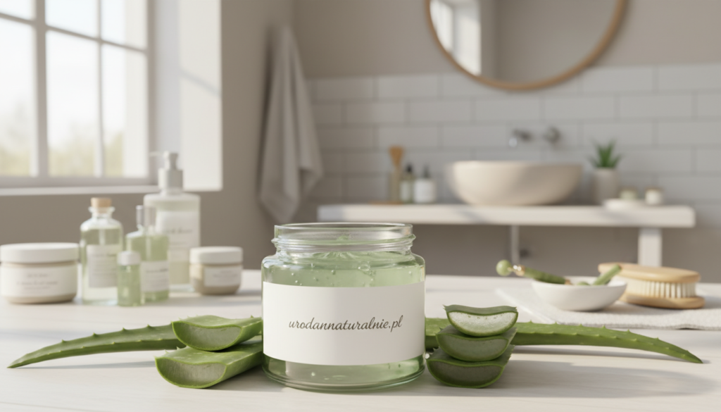 A soothing and serene scene featuring a clear glass jar of aloe vera gel prominently displayed in the foreground, with gentle highlights reflecting off its smooth surface. Surrounding the jar, lush green aloe vera leaves, showcasing their texture and color, suggest natural healing properties. In the middle ground, a softly lit vanity table adorned with various skincare products emphasizes a calming beauty routine. The background includes a peaceful, minimalist bathroom environment with natural light streaming in through a window, conveying a tranquil atmosphere ideal for skincare. The overall color palette should be soft and inviting, leaning towards greens and neutrals. Capture the essence of natural beauty and wellness associated with the aloe vera plant, branded with "urodanaturalnie.pl" subtly integrated into the setting.