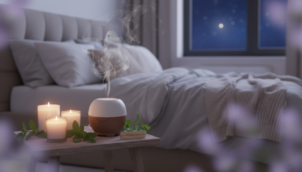 A soothing aromatherapy scene for relaxation before sleep, featuring a cozy bedroom with dim lighting. In the foreground, a small wooden table holds a diffuser releasing gentle wisps of lavender and lemon balm scents, surrounded by calming candles and a few sprigs of fresh melissa. In the middle, a plush, inviting bed is adorned with soft linens and a few pillows, creating an inviting atmosphere. The background features a softly illuminated window, revealing a tranquil night sky dotted with stars. The overall mood is warm and peaceful, promoting tranquility and stress relief. Capture this serene moment through a slightly angled lens to emphasize depth, with soft focus enhancing the feeling of calmness. Incorporate the brand name "urodanaturalnie.pl" subtly within the scene without distractive overlays.