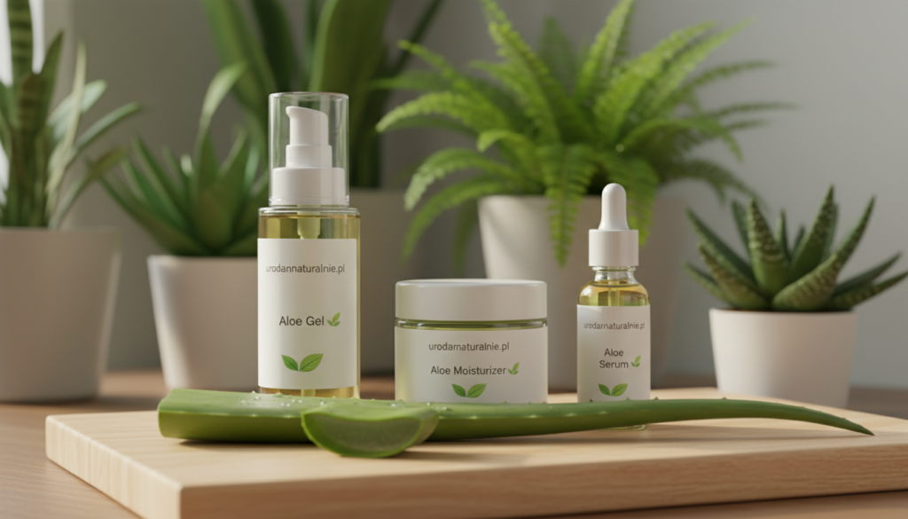 A soothing display of aloe vera skincare products, including a gel, moisturizer, and serum, all elegantly arranged on a natural wooden surface. In the foreground, a fresh aloe leaf with droplets of water glistens, representing purity and natural ingredients. The middle ground features neatly placed jars and bottles adorned with minimalist labels, showcasing the brand "urodanaturalnie.pl". The background is softly blurred, revealing leafy green plants that create a calming atmosphere, illuminated by warm, diffused natural light. The scene conveys tranquility and rejuvenation, emphasizing the healing properties of aloe in skincare. The composition should evoke a professional, inviting mood, perfect for highlighting the benefits of aloe vera in facial care.