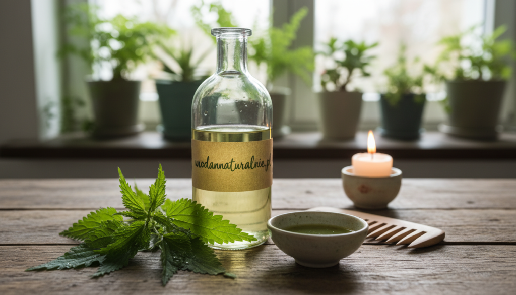 A soothing scene depicting a bottle of herbal nettle rinse against a rustic wooden table. The foreground features the bottle, with a label that reads "urodanaturalnie.pl", surrounded by fresh nettle leaves and a small bowl of the rinse. In the middle, there are accessories such as a wooden comb and a small candle, emitting a soft, warm glow. The background includes a blurred image of a sunlit window with green plants, creating a serene atmosphere. Soft, natural lighting highlights the bottle and nettle leaves, indicating an organic and health-focused essence. The composition conveys tranquility and wellness, inviting the viewer to explore the benefits of using nettle for haircare.
