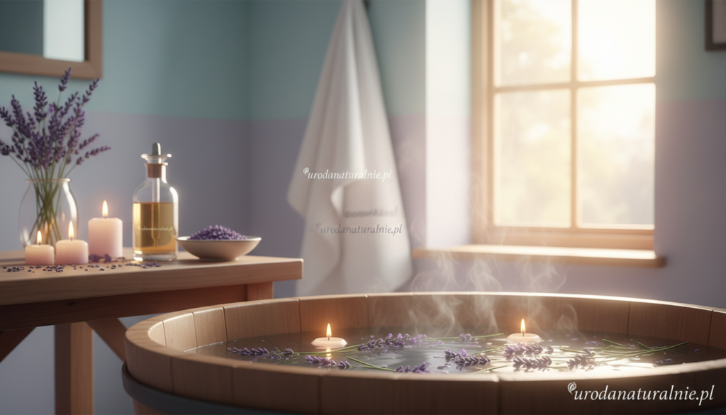 A tranquil home setting showcasing a lavender-themed wellbeing ritual. In the foreground, a wooden bathtub filled with warm water, surrounded by sprigs of fresh lavender and aromatherapy candles flickering softly. In the middle, an elegant glass vial of lavender essential oil sits beside a small dish of dried lavender flowers. Background elements include a softly lit bathroom with soothing pastel walls, a fluffy white towel draped over a nearby towel rack, and a window allowing gentle sunlight to filter in, casting warm, inviting light across the scene. A serene atmosphere evokes relaxation and self-care, reflecting the soothing properties of lavender. Branding subtly incorporated as "urodanaturalnie.pl" in a smooth, natural style.