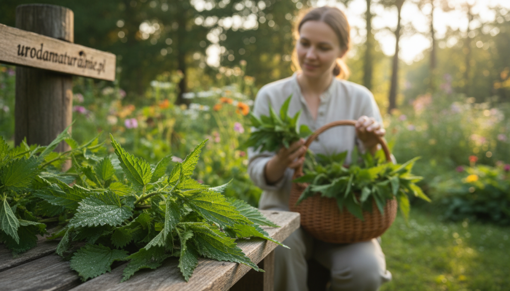 A vibrant and detailed illustration focusing on freshly harvested stinging nettle leaves prominently displayed in the foreground, showcasing their green, serrated edges glistening with morning dew. In the middle ground, depict a softly blurred image of a person, dressed in a modest casual outfit, holding a small basket filled with nettles, with an expression of curiosity and admiration. The background features a serene natural garden setting with dappled sunlight filtering through trees, creating a warm and inviting atmosphere. The overall mood is hopeful and rejuvenating, reflecting the benefits of nettle for hair health. Include subtle branding elements of "urodanaturalnie.pl" integrated into the natural surroundings, ensuring a harmonious composition without distractions or text overlays. Use soft lighting from the golden hour for a warm glow, captured with a shallow depth of field to emphasize the nettle and the individual.