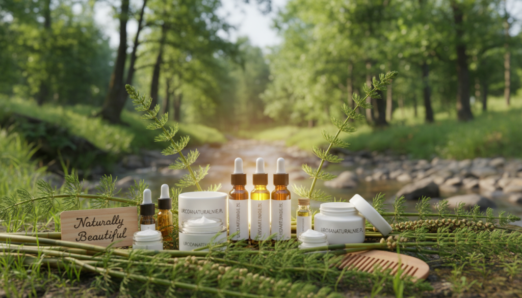 A vibrant and detailed still-life composition showcasing horsetail (skrzyp polny) in a natural setting, illustrating its use for hair and nail care. In the foreground, fresh horsetail plants with their distinctive jointed stems are arranged artistically among beauty products like oils and creams. The middle ground features elegant bottles labeled with "urodanaturalnie.pl", surrounded by delicate, glowing light that highlights their textures. In the background, a softly blurred natural landscape suggests serenity and well-being, adorned with greenery and hints of sunlight filtering through leaves. The overall atmosphere is calm and rejuvenating, reflecting the therapeutic qualities of horsetail in personal care. Utilize soft, natural lighting and a shallow depth of field to emphasize the subject matter while maintaining a fresh, inviting mood.
