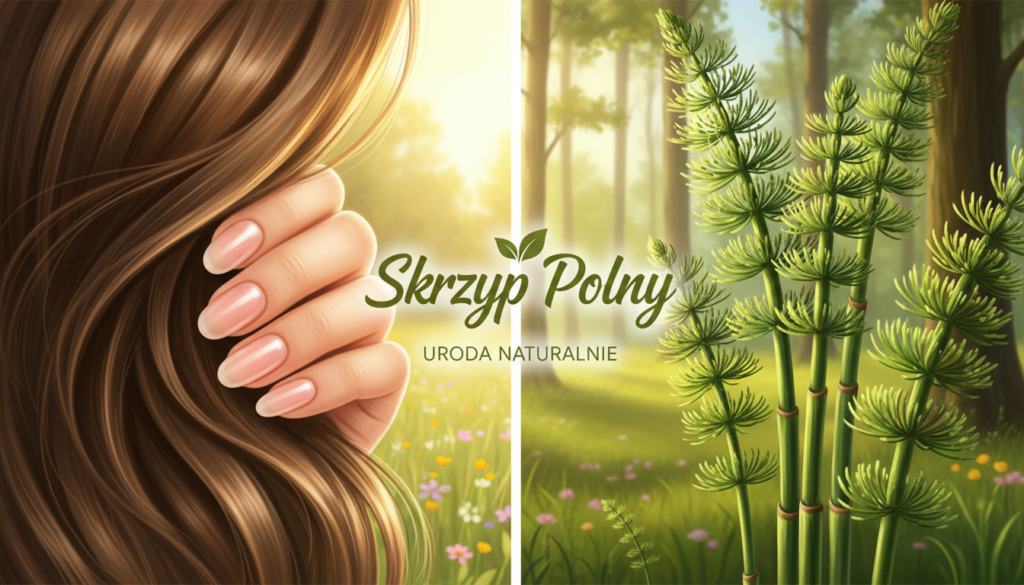 A visually engaging illustration depicting the effect of horsetail (Skrzyp polny) on hair and nails, presented in a split-view format. In the foreground, showcase a close-up of healthy hair strands and strong nails, glowing with vitality. In the middle, include vibrant green horsetail plants with detailed textures, emphasizing their natural beauty. The background should feature a soft-focused, tranquil nature scene, perhaps a serene forest or meadow, to evoke a sense of calm and health. Use warm, natural lighting to highlight the lush greens and rich browns of the plants, creating a harmonious atmosphere. The composition should reflect the holistic benefits of horsetail, suitable for an article from urodanaturalnie.pl, focused on wellness and natural beauty.