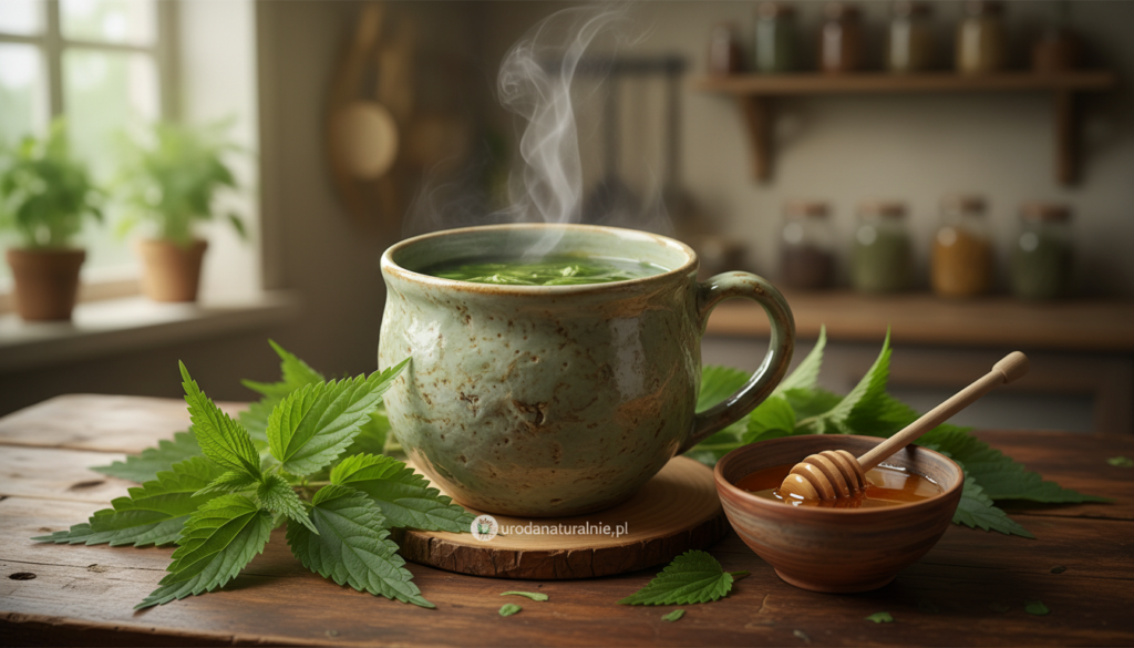A vivid illustration of a steaming cup of nettle tea, surrounded by fresh nettle leaves, showcasing the vibrant green hues. In the foreground, the cup is elegantly crafted, with steam gently rising, signifying warmth and health. The middle ground features a wooden table set with more fresh nettles and a small dish of honey, highlighting natural ingredients. The background softly blurs into a cozy kitchen environment, illuminated with warm, diffuse lighting, creating an inviting atmosphere that emphasizes wellness and nature. The scene evokes a sense of tranquility and nourishment, suitable for supporting hair health. The image should convey a holistic and natural vibe, encapsulating the essence of drinking nettle tea as a dietary support for hair. Include the brand name "urodanaturalnie.pl" subtly integrated into the scene.