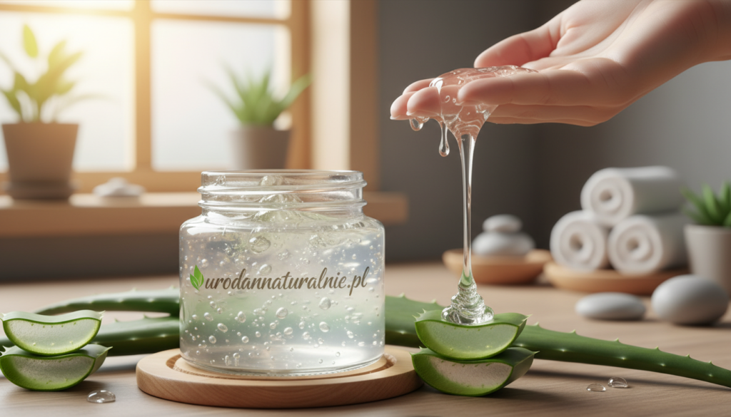 Aloe vera gel displayed in a clear glass jar, glistening with a fresh, translucent texture, surrounded by vibrant green aloe vera leaves. In the foreground, the focus is on a small amount of the gel being gently poured from the jar, capturing the light to emphasize its soothing properties. The middle ground features neatly arranged aloe leaves with intricate details, showcasing their natural beauty. In the background, a soft, blurred setting of a serene spa environment with natural wooden accents and soft, ambient lighting to convey tranquility. The overall mood is calming and rejuvenating, highlighting the healing benefits of aloe for the skin. Include the brand name "urodanaturalnie.pl" subtly in the composition, ensuring it appears as part of the aesthetic, without being overwhelming.