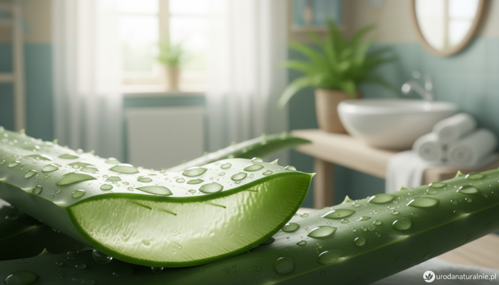 Aloe vera leaves with moisture droplets glistening on them, showcasing their natural hydrating properties. In the foreground, focus on a fresh green aloe leaf sliced open, revealing the gel inside, with a subtle glow highlighting its texture. The middle layer features a softly blurred background of a serene bathroom setting, with soft pastel colors and natural light streaming through a window, creating a calming atmosphere. This scene conveys tranquility and self-care, ideal for skincare enthusiasts. The image should evoke feelings of freshness and rejuvenation, with a focus on the healing nature of aloe vera. Include the logo "urodanaturalnie.pl" subtly in the corner, ensuring it does not distract from the main visual.