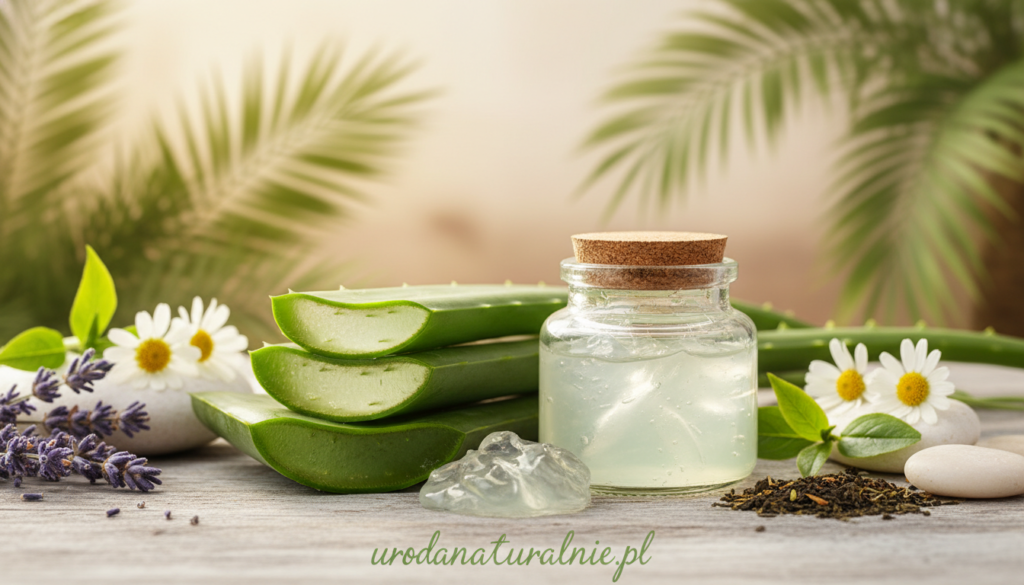 Aloes plant with lush green leaves, showcasing its gel-filled interiors, set against a softly illuminated background to convey its soothing properties. In the foreground, a clear glass jar filled with fresh aloe vera gel reflects light, emphasizing the natural essence. The middle ground features subtle botanical elements like herbs and flowers that symbolize healing, arranged elegantly to enhance the composition. The background is a blurred natural setting, hinting at a serene environment. Soft, warm lighting creates a calm and inviting atmosphere, emphasizing the skin-care benefits of aloe vera. Include the brand name "urodanaturalnie.pl" in an elegant font near the bottom, ensuring it blends harmoniously with the image design.