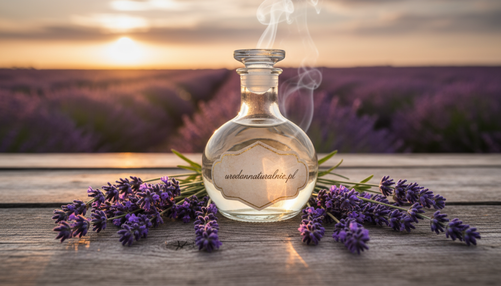 An elegant bottle of lavender oil, beautifully designed with a vintage aesthetic, prominently displayed in the foreground. The bottle is surrounded by fresh lavender sprigs, their vibrant purple hues contrasting against the muted, warm tones of a rustic wooden table. In the background, soft-focus lavender fields stretch towards a gentle sunset, casting a warm, golden light that enhances the serene atmosphere. The scene is captured with a macro lens to emphasize the texture of the lavender petals and the delicate glass of the bottle. A hint of steam swirls around the bottle, suggesting its aromatic nature. The overall mood is calming and inviting, embodying the therapeutic qualities of lavender. Include the brand name "urodanaturalnie.pl" subtly integrated into the bottle design.