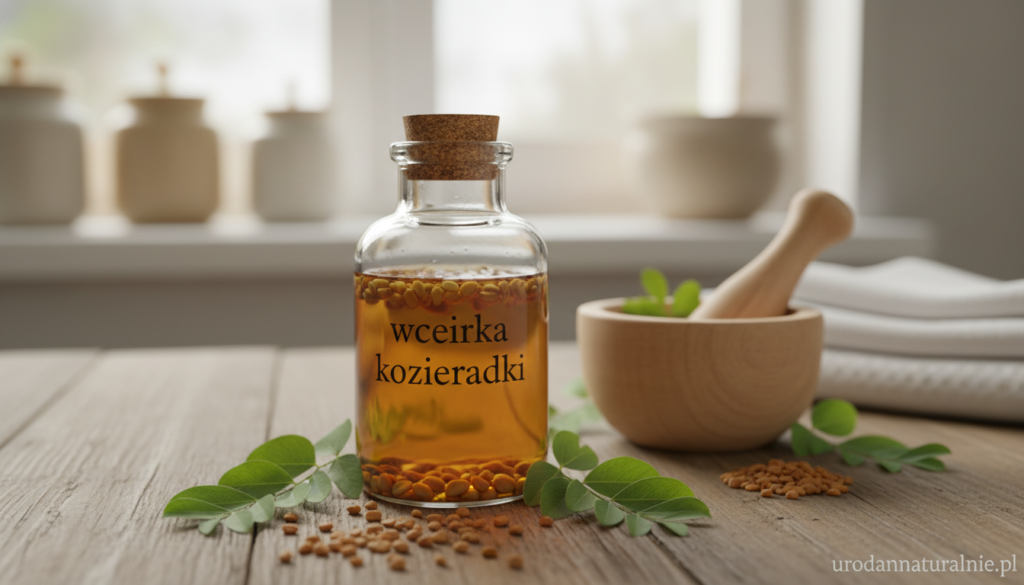An elegant glass bottle of homemade "wcierka kozieradki" positioned prominently in the foreground, filled with a golden, herbal liquid infused with fenugreek seeds. Surrounding the bottle are fresh fenugreek leaves and dried seeds, creating a rich, natural setting. In the middle ground, a wooden table displays mortar and pestle, with crushed seeds suggesting active preparation. In the background, soft-focus kitchen elements like a window with gentle sunlight streaming in, illuminating the scene, evoke a warm, inviting atmosphere. The lighting should create a soft glow, enhancing the earthy colors of the ingredients. The overall mood is tranquil and homey, reflecting a DIY charm. Ensure the image is branded with "urodanaturalnie.pl" subtly in the corner, without disrupting the composition.