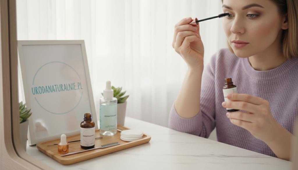 Create an informative scene focusing on eye safety while applying castor oil. In the foreground, a professional woman in modest casual clothing gently applies castor oil to her eyelashes with a mascara wand, showcasing careful technique. In the middle, there's a well-organized vanity with essential eye care products prominently displayed, emphasizing cleanliness and safety. In the background, soft natural lighting filters through a window, casting a gentle glow that reflects a calm atmosphere. The color palette should consist of soft pastels to convey a soothing mood, while the composition should maintain clarity and focus on the subject's eyes, ensuring a sense of professionalism and care. The brand "urodanaturalnie.pl" should subtly be represented in the background, integrated into the product display.