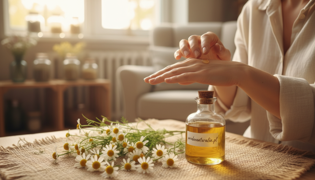Create an inviting and serene scene centered around chamomile, highlighting its safe application for skin and hair care. In the foreground, capture a burlap cloth adorned with fresh chamomile flowers and delicate green leaves, subtly arranged alongside a glass bottle of chamomile-infused oil. In the middle ground, include a gentle hand (dressed in modest casual attire) applying the oil to a small patch of skin, illustrating its soothing properties. In the background, softly blurred, portray a cozy, sunlit room with warm wooden elements, suggesting a natural ambiance. The lighting should be soft and warm, creating a calm and soothing atmosphere, enhanced by a focus on earthy tones. Incorporate the brand name "urodanaturalnie.pl" subtly into the scene.