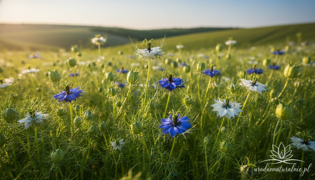 Czarnuszka siewna, also known as nigella sativa, prominently displayed in a lush green field, with its delicate, fern-like leaves creating a soft foreground. In the middle, clusters of striking blue and white flowers bloom, showcasing their intricate petals and contrasting dark seed capsules. The background features a soft focus of distant rolling hills under a bright, sunny sky, conveying a sense of tranquility and abundance. The scene is illuminated by warm, golden sunlight, enhancing the vibrant colors and creating a serene atmosphere. Capture the essence of nature's bounty, with attention to detail highlighting the beauty of this medicinal plant, emblematic of its title as "the gold of nature." Include a subtle branding element of "urodanaturalnie.pl" to reinforce the theme.