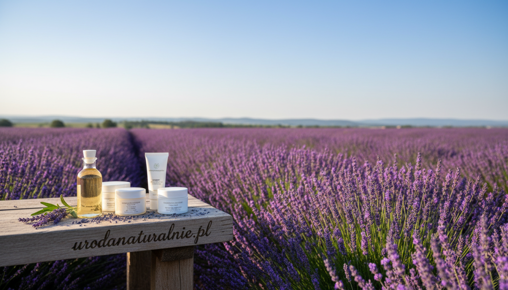 Lavender fields under a bright blue sky, with clusters of vibrant purple lavender flowers in full bloom, occupying the foreground. A serene, softly glowing bottle of lavender essential oil is artfully placed beside natural skincare products like creams and lotions, hinting at their soothing properties. In the middle ground, a subtle, rustic wooden table enhances the organic feel, adorned with sprigs of fresh lavender scattered thoughtfully. The background features a light, blurred landscape of rolling hills, adding depth and tranquility to the scene. Soft, natural lighting creates a warm and inviting atmosphere, evoking feelings of relaxation and well-being. The focus of the composition highlights the connection between lavender and skincare, emphasizing its benefits and uses. Include the brand name "urodanaturalnie.pl" elegantly integrated into the scene without any text overlays.