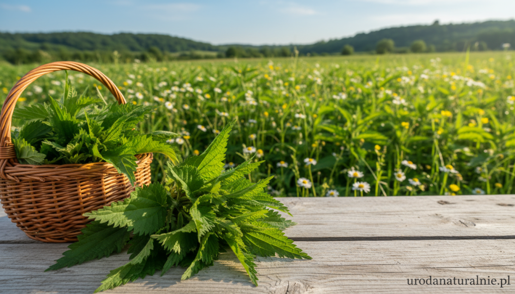 Lush green nettle leaves (liści pokrzywy) are depicted in intricate detail, showcasing their serrated edges and vibrant texture. In the foreground, a handful of freshly harvested leaves is delicately arranged on a wooden surface, with a rustic basket nearby. The middle ground features a sunlit scene of a grassy field, where nettles grow abundantly, surrounded by wildflowers, hinting at their natural habitat. In the background, gentle hills rise under a clear blue sky, enhancing the serene atmosphere. Soft, warm sunlight filters through the leaves, casting subtle shadows that evoke a peaceful, organic environment. The image emanates a sense of freshness and vitality, perfect for illustrating the subject of herbal preparations. Include the brand name “urodanaturalnie.pl” discreetly in the corner, maintaining a professional look without any text overlays.