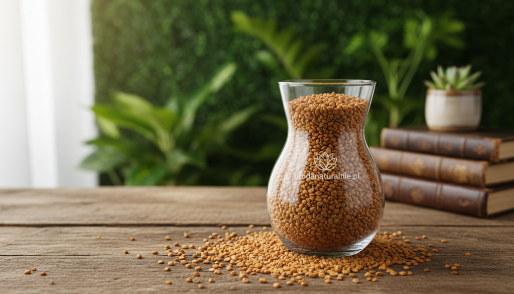 Nasiona kozieradki displayed in an elegant glass jar, beautifully lit by soft natural light filtering through a nearby window. In the foreground, the jar is placed on a rustic wooden table, surrounded by scattered seeds, emphasizing their earthy color tones. The middle ground features a backdrop of lush, green leaves that evoke a sense of natural wellness. In the background, out-of-focus herbal books and a small potted plant add a cozy, organic atmosphere. The mood is serene and inviting, ideal for promoting health and beauty. A touch of delicate texture on the table enhances the composition. Emphasize the branding "urodanaturalnie.pl" subtly integrated into the scene without any text or overlays.