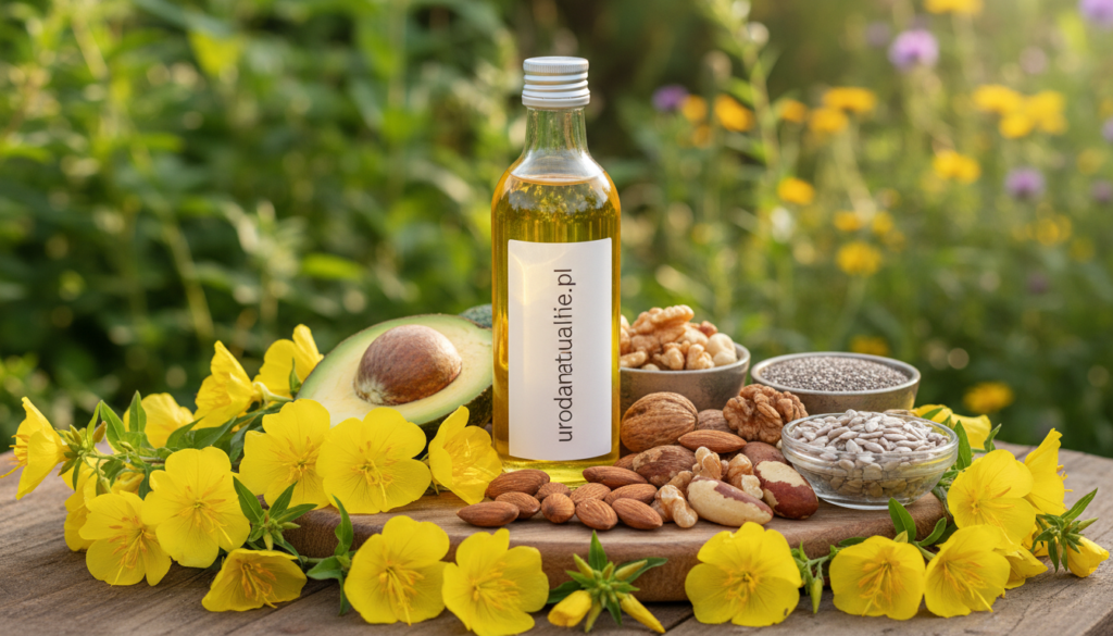 A beautifully arranged composition centered around a bottle of evening primrose oil, labeled "urodanaturalnie.pl". In the foreground, the bottle is surrounded by vibrant yellow evening primrose flowers, symbolizing the source of the oil. In the middle ground, display a variety of natural elements representing unsaturated fatty acids: avocados, nuts, and seeds, neatly arranged. The background features a soft-focus natural setting, perhaps a garden with lush greenery, providing a sense of tranquility. Soft, warm lighting enhances the natural colors and creates an inviting atmosphere. Shot from a slightly elevated angle, inviting the viewer to engage with the display, while maintaining a professional and educational aesthetic appropriate for an article about skin and women's health.