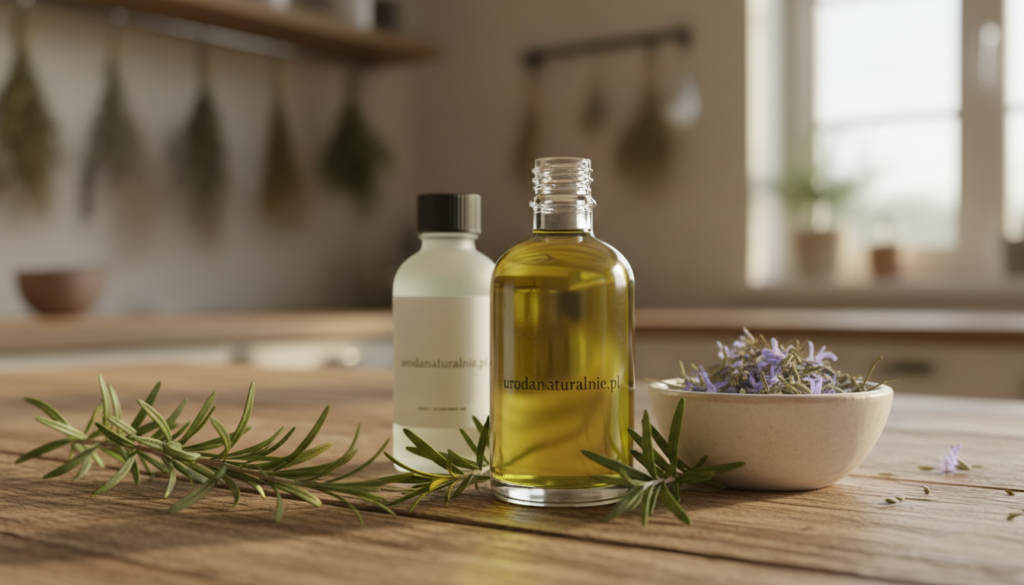 A beautifully arranged display featuring a bottle of rosemary essential oil and a hydrosol, set on a rustic wooden table. In the foreground, the glass bottle, labeled "urodanaturalnie.pl," gleams in the soft, warm light, highlighting its golden-green liquid. Surrounding the bottle are fresh rosemary sprigs, their vibrant green leaves adding a natural touch. In the middle ground, a small ceramic bowl holds dried rosemary flowers, further connecting to the theme of herbal beauty. The background consists of soft-focus herbal elements and a delicate, blurred image of a sunny kitchen, creating a calming atmosphere. The composition evokes a sense of tranquility and wellness, ideal for natural beauty care. The lighting is soft, mimicking late afternoon sunlight, with a shallow depth of field to emphasize the products.