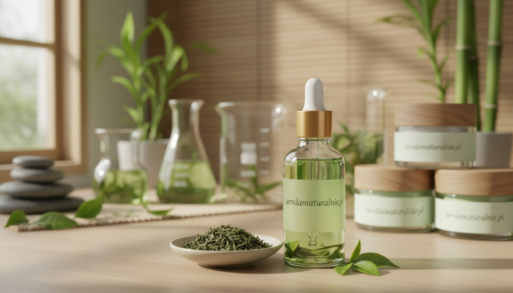 A beautifully arranged display of green tea cosmetics, focusing on various products like lotions, serums, and creams, prominently featuring elegant packaging. The foreground showcases a bottle of green tea serum with delicate leaves and a small dish of green tea leaves beside it, hinting at the natural ingredients. The middle layer includes a softly blurred arrangement of cream jars and herbal infusions, creating depth. In the background, a serene spa-like setting with bamboo accents and soft lighting enhances the atmosphere. The scene is well-lit, using natural light to create a fresh and inviting mood. Ensure the products are labeled "urodanaturalnie.pl" and the overall composition conveys a sense of wellness and harmony.