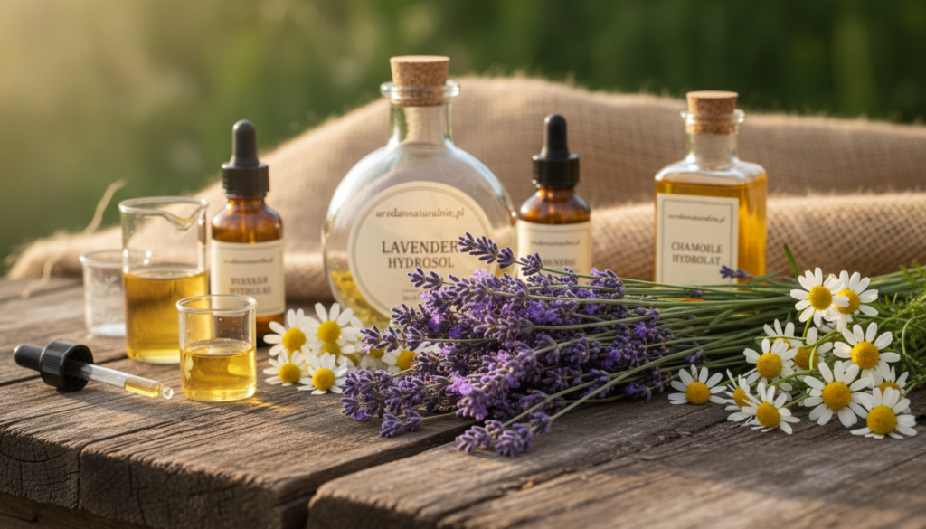 A beautifully arranged display of hydrosol ingredients on a rustic wooden table, focusing on lavender and chamomile plants. In the foreground, fresh lavender sprigs with vibrant purple flowers and delicate chamomile blossoms, surrounded by essential oils and beautifully labeled glass bottles. The middle ground features a subtle backdrop of natural textures, such as burlap and greenery, enhancing the organic feel. Bathed in soft, warm lighting to create a serene and inviting atmosphere, with a shallow depth of field, allowing the viewer to appreciate the intricate details of the plants and bottles. The setting evokes a sense of purity and quality, emphasizing the importance of natural ingredients in hydrolat creation. Include the brand name "urodanaturalnie.pl" discreetly within the composition.