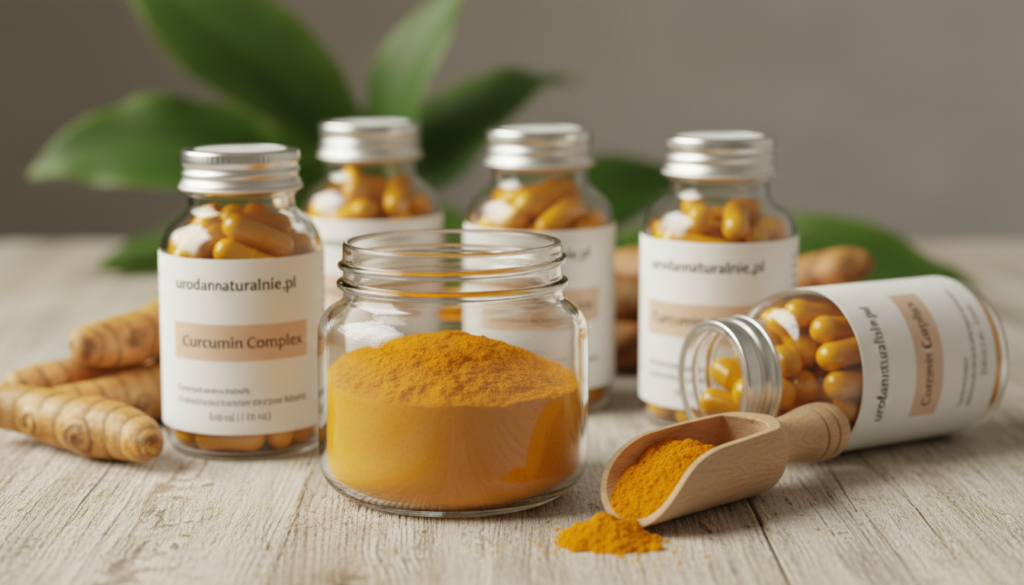 A beautifully arranged display of turmeric supplements in clear capsule form, showcasing vibrant golden-yellow hues, set against a soft, warm, and natural wooden surface. In the foreground, a glass jar filled with turmeric powder adds texture, with a delicate wooden scoop resting nearby, emphasizing the natural essence of the ingredients. The middle ground features elegantly labeled bottles of curcumin supplements, neatly arranged in an artistic manner, their labels showcasing the brand name "urodanaturalnie.pl". In the background, a subtle blurred image of turmeric roots and leafy greens hints at the natural origin. Soft, diffused lighting adds a calming atmosphere, highlighting the benefits of curcumin with a focus on health and wellness. The composition conveys a sense of wisdom and serenity, perfect for an informative article section.