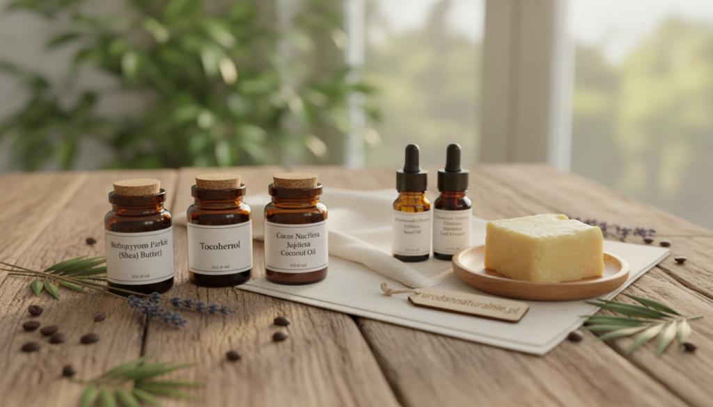 A beautifully arranged flat lay of high-quality shea butter ingredients (INCI), prominently featuring shea butter alongside associated natural oils and botanical extracts. The scene is set on a rustic wooden table, complemented by natural greenery and a soft, warm light that enhances the textures and creamy color of the shea butter. In the foreground, there are small glass jars labeled with INCI names like "Butyrospermum Parkii (Shea) Butter", "Tocopherol", and "Cocos Nucifera (Coconut) Oil". The middle layer includes a delicate white cloth to add elegance, while in the background, soft blurred nature and organic elements evoke a sense of purity and authenticity. The overall mood is inviting and informative, perfect for highlighting the qualities of good shea butter. Include the brand "urodanaturalnie.pl" subtly within the composition.