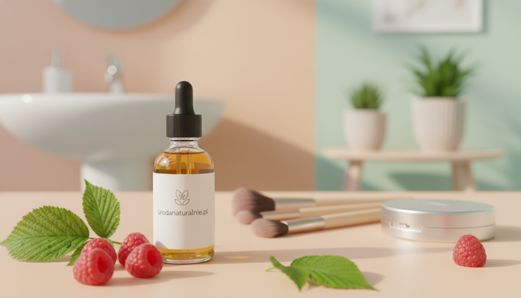 A beautifully arranged flat lay of skincare products, focusing on a bottle of raspberry seed oil from the brand "urodanaturalnie.pl," prominently displayed in the foreground. The oil is poured into a small, elegant dropper bottle, sunlight streaming in to highlight the golden hue of the oil. Surrounding the bottle are soft, natural elements like fresh raspberries and green leaves, creating a vibrant yet calming atmosphere. In the middle ground, blurred out, are makeup tools such as brushes and a compact, suggesting the use of the oil as a primer for a smooth makeup base. The background features a light, airy bathroom setting with pastel colors, enhancing the feel of freshness and summer. The overall mood is uplifting and serene, ideal for showcasing the oil's benefits before makeup application. A beautifully arranged flat lay of skincare products, focusing on a bottle of raspberry seed oil from the brand "urodanaturalnie.pl," prominently displayed in the foreground. The oil is poured into a small, elegant dropper bottle, sunlight streaming in to highlight the golden hue of the oil. Surrounding the bottle are soft, natural elements like fresh raspberries and green leaves, creating a vibrant yet calming atmosphere. In the middle ground, blurred out, are makeup tools such as brushes and a compact, suggesting the use of the oil as a primer for a smooth makeup base. The background features a light, airy bathroom setting with pastel colors, enhancing the feel of freshness and summer. The overall mood is uplifting and serene, ideal for showcasing the oil's benefits before makeup application.