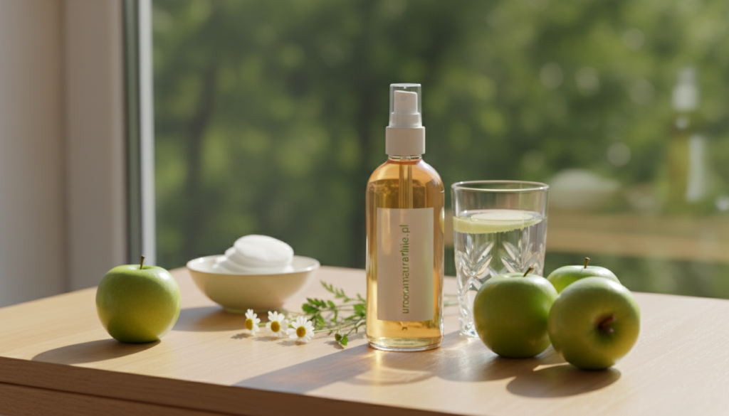 A beautifully arranged scene showcasing a natural skincare routine highlighting a bottle of facial toner with apple cider vinegar, branded as "urodanaturalnie.pl". In the foreground, the toner bottle is elegantly placed on a smooth wooden vanity table, surrounded by fresh green apples and delicate floral elements, radiating freshness. In the middle ground, a small bowl with cotton pads and a crystal-clear glass filled with water suggest a calming skincare regimen. The background features soft, blurred natural greenery, creating a serene atmosphere. Natural sunlight streams in, casting gentle reflections on the table, enhancing the wholesome and organic feel of the image. The overall mood is tranquil and inviting, emphasizing natural beauty and simplicity without any text or distractions. A beautifully arranged scene showcasing a natural skincare routine highlighting a bottle of facial toner with apple cider vinegar, branded as "urodanaturalnie.pl". In the foreground, the toner bottle is elegantly placed on a smooth wooden vanity table, surrounded by fresh green apples and delicate floral elements, radiating freshness. In the middle ground, a small bowl with cotton pads and a crystal-clear glass filled with water suggest a calming skincare regimen. The background features soft, blurred natural greenery, creating a serene atmosphere. Natural sunlight streams in, casting gentle reflections on the table, enhancing the wholesome and organic feel of the image. The overall mood is tranquil and inviting, emphasizing natural beauty and simplicity without any text or distractions.