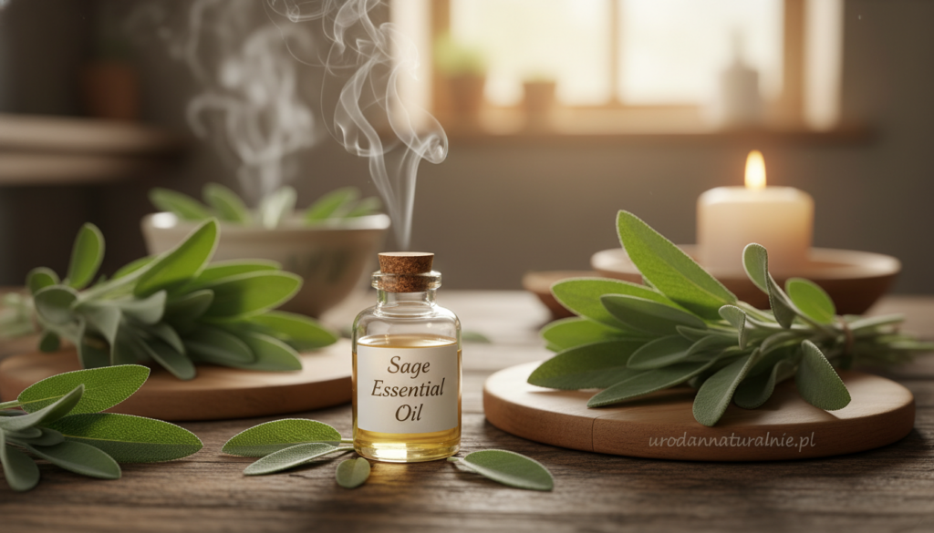 A beautifully arranged scene showcasing "olejek eteryczny szałwia" on a rustic wooden table. In the foreground, a small, elegant glass bottle labeled "Sage Essential Oil" with a cork stopper sits among fresh sage leaves, releasing a subtle essence. The middle layer features a few sprigs of vibrant green sage, showcasing the plant's rich textures and colors, complemented by a couple of natural wooden coasters. The background presents a softly blurred view of a cozy bathroom with gentle ambient lighting, enhancing the tranquil atmosphere. A hint of steam from an herbal infusion adds a sense of warmth and relaxation. The overall mood is soothing and inviting, perfect for promoting natural haircare solutions, with a subtle reference to the brand "urodanaturalnie.pl" subtly integrated into the arrangement.