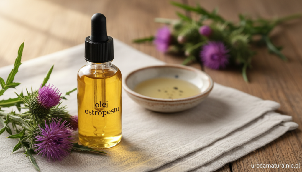 A beautifully arranged setting showcasing "olej ostropestu" in a glass dropper bottle, elegantly placed on a soft, white linen cloth. In the foreground, delicately illuminated by warm, natural light, the bottle stands beside fresh milk thistle flowers and green leaves, emphasizing its natural origins. The middle ground features a small dish containing the oil, with a couple of drops glistening, reflecting light. The background softly blends into a rustic wooden surface that suggests an organic, wholesome vibe, enhancing the soothing atmosphere. The overall mood is calming and serene, perfect for a skin care theme. The branding "urodanaturalnie.pl" subtly placed in the corner of the image reinforces its professional context. A beautifully arranged setting showcasing "olej ostropestu" in a glass dropper bottle, elegantly placed on a soft, white linen cloth. In the foreground, delicately illuminated by warm, natural light, the bottle stands beside fresh milk thistle flowers and green leaves, emphasizing its natural origins. The middle ground features a small dish containing the oil, with a couple of drops glistening, reflecting light. The background softly blends into a rustic wooden surface that suggests an organic, wholesome vibe, enhancing the soothing atmosphere. The overall mood is calming and serene, perfect for a skin care theme. The branding "urodanaturalnie.pl" subtly placed in the corner of the image reinforces its professional context.
