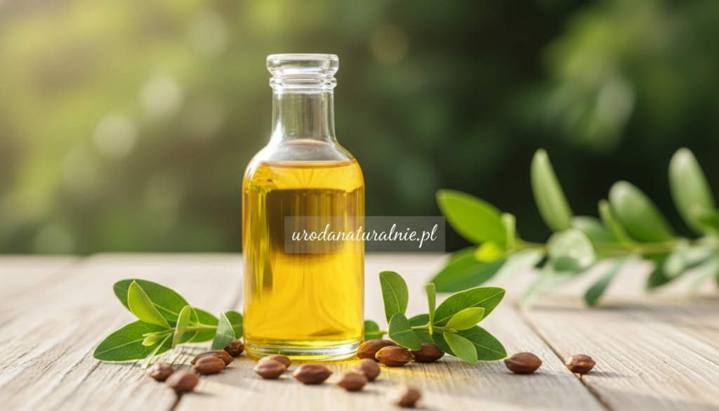 A bottle of golden jojoba oil prominently displayed in the foreground, surrounded by fresh jojoba seeds and lush green leaves. The transparent bottle should have a hint of elegance, reflecting sunlight that creates a soft, warm glow, signifying purity and nature. In the middle ground, a textured wooden surface contrasts with the smoothness of the oil, emphasizing the organic aspect. In the background, gently blurred greenery enhances the natural setting while maintaining focus on the oil as the main subject. The mood is serene and calming, evoking feelings of renewal and skincare wellness. The urodanaturalnie.pl brand logo subtly placed on the oil bottle's label, ensuring it meshes seamlessly with the overall aesthetic.