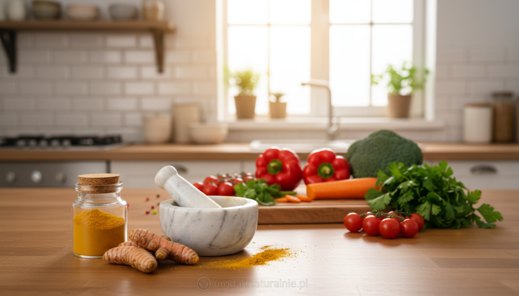 A bright and inviting kitchen scene featuring a wooden countertop adorned with vibrant spices, prominently displaying turmeric in a small glass jar alongside fresh turmeric roots. In the foreground, a marble mortar and pestle, with a sprinkle of ground turmeric, adds texture. The middle ground features a colorful assortment of fresh vegetables, herbs, and a cutting board, hinting at a healthy meal preparation. The background showcases a cozy kitchen with warm lighting filtering through a window, illuminating the space with a soft glow. Capture an atmosphere of culinary creativity and health consciousness, reflecting the essence of using turmeric daily. Include a subtle logo of "urodanaturalnie.pl" on the countertop. The image should be captured with a shallow depth of field to highlight the foreground elements while softening the background slightly.