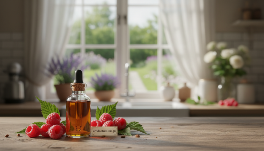 A captivating close-up of a vibrant, rich "koloryt" featuring shades of deep red and green, representing raspberry seed oil's natural beauty and freshness. In the foreground, a glass vial filled with amber oil sits on a rustic wooden table, surrounded by fresh raspberries and green leaves. The middle ground includes softly blurred elements of a sunlit kitchen, with natural light streaming through a window, casting gentle shadows. The background showcases a serene, out-of-focus garden scene, hinting at lush greenery and flowering plants. The atmosphere is bright and inviting, evoking a sense of wellness and natural vitality. This image aligns perfectly with the theme of urodnaturalnie.pl, celebrating the benefits of natural skincare and the seasonal appeal of raspberry seed oil. A captivating close-up of a vibrant, rich "koloryt" featuring shades of deep red and green, representing raspberry seed oil's natural beauty and freshness. In the foreground, a glass vial filled with amber oil sits on a rustic wooden table, surrounded by fresh raspberries and green leaves. The middle ground includes softly blurred elements of a sunlit kitchen, with natural light streaming through a window, casting gentle shadows. The background showcases a serene, out-of-focus garden scene, hinting at lush greenery and flowering plants. The atmosphere is bright and inviting, evoking a sense of wellness and natural vitality. This image aligns perfectly with the theme of urodnaturalnie.pl, celebrating the benefits of natural skincare and the seasonal appeal of raspberry seed oil.