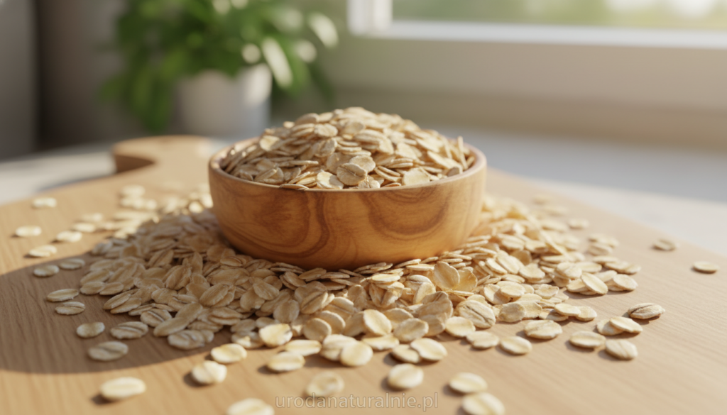 A close-up arrangement of oat flakes, showcasing their natural texture and subtle golden hues, placed elegantly on a smooth, light-colored wooden surface. In the foreground, highlight the intricate details of the flakes, capturing the gentle curves and rustic charm. In the middle ground, a small wooden bowl filled with oat flakes can be seen, surrounded by some scattered flakes that suggest a natural, organic feel. The background features softly blurred greenery or a serene kitchen setting, infusing a calm and inviting atmosphere. Warm, natural lighting illuminates the scene, enhancing the freshness of the oats. The composition evokes a sense of wellness and nourishment, perfect for a product from urodanaturalnie.pl, emphasizing the benefits of oats for dry and sensitive skin.
