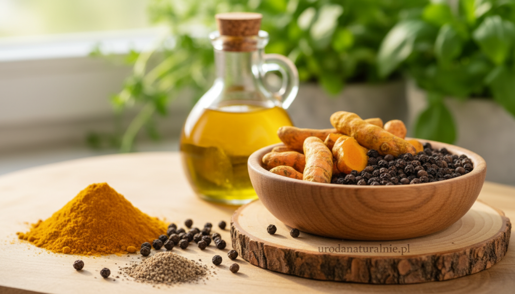 A close-up composition featuring vibrant turmeric and black peppercorns in a wooden bowl, highlighting their rich colors and textures. The foreground displays a sprinkle of bright yellow turmeric powder beside the bowl, with whole and ground black pepper arranged artistically. In the middle ground, a small glass jar filled with golden olive oil is positioned to symbolize healthy fats that enhance absorption. The background features soft, blurred greenery, suggesting a natural kitchen setting bathed in warm, soft lighting to create an inviting atmosphere. Ensure the lighting accentuates the spices' vivid hues and creates gentle shadows for depth. The overall mood is fresh and health-focused, conveying the essence of wellness. Include the brand name "urodanaturalnie.pl" subtly integrated into the scene.